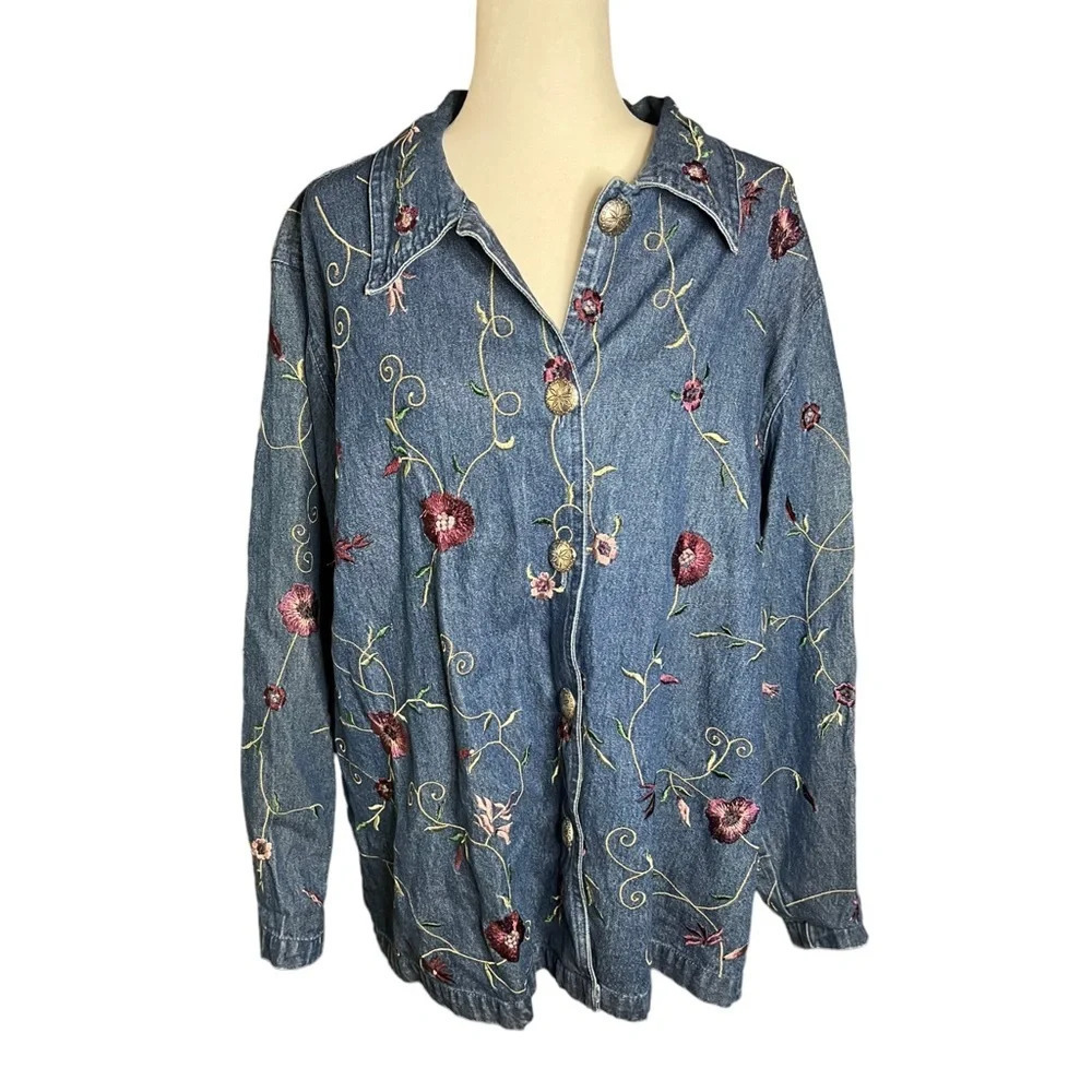 Floral Needlepoint Embroidery Jean Jacket 2X